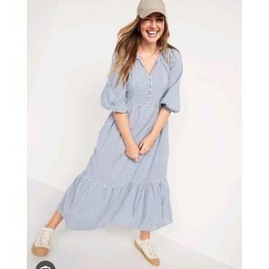 Old Navy White Blue Striped 3/4 Sleeve All Day Maxi Swing Dress Size 3X